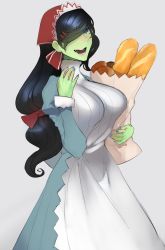 Rule 34 | 1girl, alicia melchiott, alicia melchiott (cosplay), apron, bag, black hair, blue eyes, blue nails, bread, breasts, colored skin, cosplay, female orc, food, green skin, hair over one eye, head scarf, highres, large breasts, long hair, low-tied long hair, maid, mole, mole under eye, monster girl, nail polish, nina (scathegrapes), orc, scathegrapes, senjou no valkyria (series), simple background, smile, teeth, very long hair, white apron
