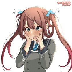 Rule 34 | 1girl, asagumo (kancolle), blue necktie, blush, brown hair, collared shirt, dated, embarrassed, grey eyes, hair between eyes, hair ribbon, hands on own cheeks, hands on own face, jacket, kantai collection, long hair, long sleeves, m.a.o, necktie, one-hour drawing challenge, open mouth, ribbon, school uniform, shirt, simple background, solo, twintails, twitter username, white background, white shirt