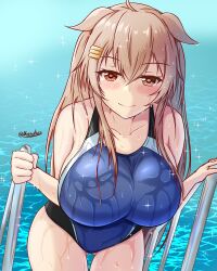 Rule 34 | 1girl, black one-piece swimsuit, blue one-piece swimsuit, breasts, brown eyes, collarbone, competition school swimsuit, competition swimsuit, hair flaps, hair ornament, hairclip, half-closed eyes, heterochromia, highleg, highleg swimsuit, highres, kantai collection, large breasts, light brown hair, long hair, montemasa, murasame (kancolle), murasame kai ni (kancolle), one-piece swimsuit, pool, pool ladder, poolside, red eyes, school swimsuit, smile, solo, swimsuit, twitter username, two side up, water, wet, wet clothes, wet swimsuit