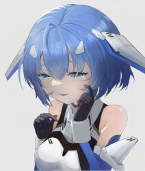 Rule 34 | 1041287866, 1girl, absurdres, artery gear, artery gear: fusion, bare shoulders, black gloves, blue eyes, blue gloves, blue hair, bodysuit, breasts, character request, commentary request, crying, crying with eyes open, elbow gloves, gloves, grey background, hair between eyes, headgear, highres, jiang long bao, medium breasts, medium hair, sidelocks, streaming tears, tears