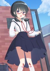Rule 34 | 1girl, bag, black hair, black skirt, blood, blue sky, brick wall, cloud, collared shirt, commentary request, day, dress shirt, feet out of frame, hair over shoulder, heavy breathing, highres, injury, kneehighs, long hair, long sleeves, low twintails, open mouth, original, outdoors, pleated skirt, puffy long sleeves, puffy sleeves, purple eyes, red-framed eyewear, school bag, school uniform, semi-rimless eyewear, shirt, skirt, skirt hold, sky, sleeves past wrists, socks, solo, standing, suspender skirt, suspenders, suspenders slip, twintails, under-rim eyewear, white shirt, white socks, yutsuki warabi