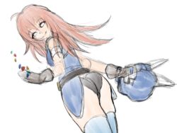 Rule 34 | 1girl, armlet, armor, ass, black panties, blue armor, blue thighhighs, brown hair, closed mouth, daisy (dq), dragon quest, dragon quest yuusha abel densetsu, fake horns, gloves, helmet, horned helmet, horns, long hair, looking at viewer, panties, rirusu, simple background, smile, solo, thighhighs, underwear, white background