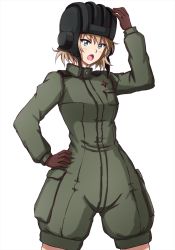 Rule 34 | 1girl, aged up, black gloves, black headwear, blonde hair, blue eyes, commentary, cowboy shot, fang, girls und panzer, gloves, green jumpsuit, hand on headwear, hand on own hip, helmet, highres, insignia, jumpsuit, katyusha (girls und panzer), long sleeves, looking at viewer, military, military uniform, omachi (slabco), open mouth, pravda military uniform, short hair, short jumpsuit, simple background, solo, standing, tank helmet, uniform, white background