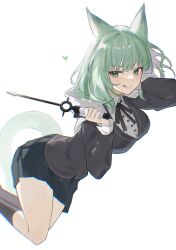 Rule 34 | 1girl, 2naom8q6gt87292, :q, animal ears, arknights, arm behind head, black shirt, black skirt, breasts, cape, cardigan, cat ears, cat girl, cat tail, collared shirt, facing viewer, feet out of frame, green eyes, green hair, grey cardigan, grey socks, hand up, harmonie (arknights), heart, highres, holding, holding wand, long sleeves, looking to the side, medium breasts, medium hair, neck ribbon, pleated skirt, ribbon, shirt, simple background, skirt, smile, socks, solo, tail, thighs, tongue, tongue out, wand, white background, white cape