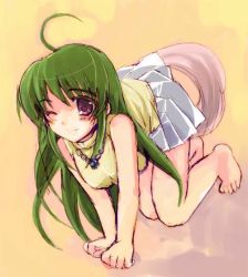 Rule 34 | 00s, 1girl, ahoge, all fours, barefoot, breasts, dog tail, female focus, full body, green hair, inukami!, lifted by tail, purple eyes, skirt, solo, tail, tsukamichi fumi, youko (inukami)