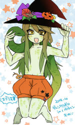 Rule 34 | 1boy, barefoot, colored skin, evra von, green hair, green skin, hat, male focus, monster boy, open mouth, puffy shorts, scales, shorts, smile, snake, solo, the saga of darren shan, witch hat, yellow eyes