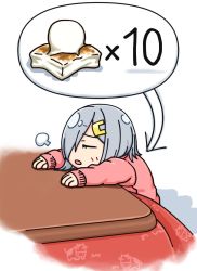 Rule 34 | 1girl, alternate costume, commentary request, closed eyes, food, hair ornament, hair over one eye, hairclip, hama! (3toshinhmkz), hamakaze (kancolle), kantai collection, kotatsu, mochi, pink sweater, short hair, silver hair, sitting, solo, sweater, table, white background