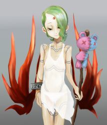 Rule 34 | 1girl, blue eyes, bracelet, breath of fire, breath of fire v, closed mouth, commentary request, dress, facial mark, full-body tattoo, green hair, jewelry, kana hebi7, looking at viewer, nina (breath of fire v), panties, red wings, see-through, short hair, simple background, solo, staff, tattoo, underwear, weapon, white dress, white panties, wings