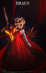 Rule 34 | absurdres, blonde hair, crown, dragon tail, dress, elbow gloves, facial mark, fate/grand order, fate (series), full body, gloves, hair bun, highres, kowai (iamkowai), nero claudius (fate), nero claudius (fate) (all), queen draco (fate), red dress, red eyes, red ribbon, ribbon, single glove, standing, sword, tail, weapon, white gloves