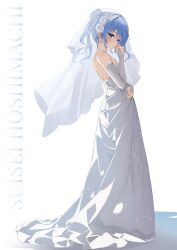 Rule 34 | 1girl, absurdres, alternate costume, asymmetrical hair, backless dress, backless outfit, blue eyes, blue hair, blue nails, blush, breasts, bridal gauntlets, bridal veil, closed mouth, commentary, dangle earrings, dress, earrings, eyelashes, flower, from side, full body, gloves, hair between eyes, hair bun, hair flower, hair ornament, highres, hololive, hoshimachi suisei, jewelry, light blue hair, looking at viewer, medium hair, nail polish, ponytail, profile, rose, simple background, single side bun, small breasts, smile, solo, standing, star (symbol), star earrings, strapless, strapless dress, totuoooo1015, veil, virtual youtuber, wedding dress, white background, white dress, white flower, white gloves, white rose, white veil