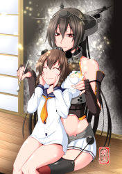 Rule 34 | 10s, 2girls, bare shoulders, black hair, blush stickers, brown hair, dessert, dress, elbow gloves, food, gloves, hair ornament, hairband, hands on own cheeks, hands on own face, headgear, highres, kantai collection, long hair, multiple girls, nagato (kancolle), on lap, personification, red eyes, sailor dress, short hair, sitting, smile, thighhighs, yukikaze (kancolle), yura setuha