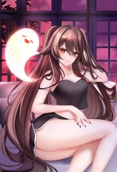 Rule 34 | 1girl, 707arisu, alternate costume, bare arms, bare shoulders, black camisole, black nails, black shorts, boo tao (genshin impact), breasts, brown hair, camisole, cleavage, crop top, dolphin shorts, elbow rest, feet out of frame, flower-shaped pupils, genshin impact, highres, hu tao (genshin impact), long hair, looking at viewer, medium breasts, nail polish, red eyes, short shorts, shorts, sitting, smile, solo, strap slip, symbol-shaped pupils, thighs, twintails, very long hair