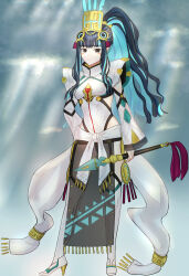Rule 34 | 1girl, absurdres, black hair, blue hair, colored inner hair, fate/grand order, fate (series), grey eyes, hair ornament, headdress, high ponytail, highres, holding, holding weapon, jewelry, long hair, looking at viewer, multicolored hair, ponytail, smile, solo, standing, tenochtitlan (fate), tenochtitlan (third ascension) (fate), two-tone hair, uriuriyukitti, weapon