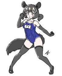 Rule 34 | 1girl, acesrulez, alternate costume, animal ears, aye-aye (kemono friends), black footwear, black gloves, black hair, black thighhighs, blonde hair, blue one-piece swimsuit, blush, elbow gloves, flats, gloves, kemono friends, monkey ears, monkey girl, monkey tail, multicolored hair, name tag, one-piece swimsuit, school swimsuit, short hair, short twintails, solo, swimsuit, tail, thighhighs, translation request, twintails, two-tone hair, zettai ryouiki
