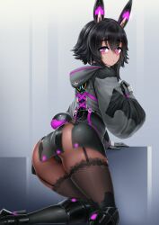 Rule 34 | 1girl, animal ears, ass, barbariank, black garter straps, black hair, black panties, black thighhighs, blush, closed mouth, commentary, cropped jacket, dot mouth, english commentary, eyes visible through hair, feet out of frame, from behind, garter straps, gloves, grey gloves, hair between eyes, highres, hood, hood down, hooded jacket, jacket, kneeling, leaning forward, long sleeves, looking at viewer, looking back, mechanical ears, mechanical tail, medium hair, panties, phantasy star, phantasy star online 2, phantasy star online 2 new genesis, purple eyes, rabbit ears, rabbit girl, rabbit tail, solo, tail, thighhighs, underwear, wide sleeves