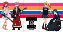 Rule 34 | 4girls, absurdres, ahoge, arms behind back, bass guitar, black socks, blonde hair, blue eyes, blue hair, bocchi the rock!, boots, bow, brown footwear, color halftone, copyright name, cosplay, crease, cube hair ornament, dress, electric guitar, epaulettes, gotoh hitori, green eyes, guitar, hair ornament, highres, holding, holding instrument, ijichi nijika, incredibly absurdres, instrument, kerorira, kita ikuyo, kita ikuyo (cosplay), lineup, long hair, looking at viewer, multiple girls, non-web source, official art, one side up, pink hair, pleated skirt, red dress, red eyes, red footwear, red hair, scan, short hair, side ponytail, sitting, skirt, smile, socks, standing, white footwear, yamada ryo, yellow eyes