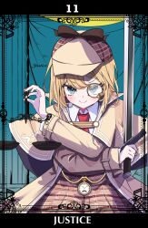 Rule 34 | 1girl, absurdres, aqua background, balance scale, black border, blonde hair, blue eyes, bob cut, border, brown capelet, brown coat, brown hat, brown skirt, capelet, card, card background, coat, collared shirt, commentary request, crossed arms, deerstalker, english text, hat, highres, holding, holding scale, holding sword, holding weapon, hololive, hololive english, justice (tarot), light blush, looking at viewer, monocle, necktie, plaid, plaid skirt, pleated skirt, pocket watch, red necktie, shirt, short hair, short necktie, skirt, smile, solo, standing, sword, tarot, tarot (medium), tsukitoinu, virtual youtuber, watch, watson amelia, weapon, weighing scale, white shirt