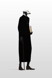 Rule 34 | 1boy, android, black robe, book, cane, catlesstail, cross, cross necklace, full body, gradient background, highres, holding, holding book, jewelry, necklace, no humans, original, plague doctor mask, priest, robe, solo, standing