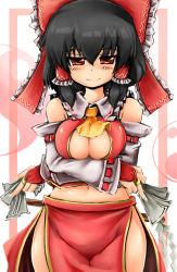 Rule 34 | 1girl, adapted costume, ascot, bare shoulders, black hair, blush, bow, breasts, bridal gauntlets, cleavage, crossed arms, detached sleeves, female focus, gohei, hair bow, hair tubes, hakurei reimu, japanese clothes, large breasts, looking at viewer, miko, ofuda, okiraku nikku, red eyes, short hair, side ponytail, smile, solo, touhou, white background