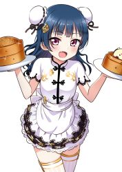 Rule 34 | 1girl, :d, apron, blush, bun cover, chinese clothes, cowboy shot, deadnooodles, fang, food request, hair ornament, highres, holding, holding plate, long hair, looking at viewer, love live!, love live! school idol festival, love live! sunshine!!, maid, open mouth, plate, purple eyes, qi maid, shirt, short sleeves, simple background, skirt, smile, solo, sparkle, thighhighs, tsushima yoshiko, waist apron, white apron, white background, white thighhighs