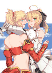 Rule 34 | 2girls, :d, absurdres, ahoge, arms around neck, artoria pendragon (all), artoria pendragon (fate), back, backless outfit, bare shoulders, black bow, blue dress, blush, bow, couple, detached sleeves, dress, embarrassed, fang, fate/apocrypha, fate/stay night, fate/unlimited codes, fate (series), female focus, gauntlets, green eyes, green hair, hair between eyes, hair bow, happy, highres, hug, incest, long hair, looking at viewer, looking back, mordred (fate), mordred (fate/apocrypha), multiple girls, open mouth, ponytail, saber (fate), saber lily, shy, sidelocks, smile, type-moon, upper body, yorukun, yuri