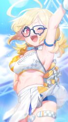 Rule 34 | 1girl, ;d, absurdres, ahoge, arm strap, arm up, bare shoulders, blonde hair, blue archive, blue sky, blush, breasts, cheerleader, cowboy shot, day, gloves, halo, highres, holding, holding pom poms, ko toad, kotori (blue archive), kotori (cheer squad) (blue archive), large breasts, looking at viewer, midriff, millennium cheerleader outfit (blue archive), miniskirt, muffin top, navel, official alternate costume, one eye closed, open mouth, outdoors, pom pom (cheerleading), pom poms, red eyes, short twintails, skirt, sky, smile, solo, sports bra, stadium, standing, stomach, teardrop-framed glasses, teeth, thigh strap, triangle halo, twintails, two-tone sports bra, white skirt, yellow halo