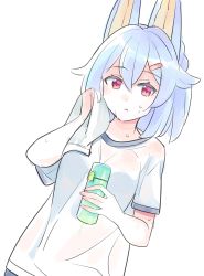 Rule 34 | 1girl, alternate costume, animal ears, blue hair, blush, bottle, braid, breasts, closed mouth, dutch angle, female focus, fluffy (world flipper), fox ears, fox girl, gym uniform, hair ornament, hairclip, hands up, highres, holding, holding bottle, holding towel, jpeg artifacts, komuro takahiro, light blush, looking at viewer, looking to the side, red eyes, see-through, shirt, short hair, sidelocks, simple background, sketch, small breasts, solo, standing, sweat, towel, upper body, white background, white shirt, world flipper