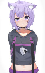 Rule 34 | 1girl, absurdres, aflo, ahoge, animal collar, animal ear fluff, animal ears, arms behind back, black collar, black hoodie, breasts, cat ears, cat girl, cat tail, collar, collarbone, commentary, cropped hoodie, highres, hololive, hood, hoodie, long sleeves, looking at viewer, medium breasts, midriff, navel, nekomata okayu, nekomata okayu (1st costume), parted lips, purple eyes, purple hair, short hair, simple background, smile, solo, tail, upper body, virtual youtuber, white background