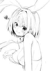Rule 34 | 1girl, animal ears, blush, breasts, cleavage, closed mouth, commentary request, fake animal ears, greyscale, heart, highres, leotard, looking at viewer, medium breasts, monochrome, necktie, original, playboy bunny, rabbit ears, sawada kou, short hair, simple background, smile, solo, white background