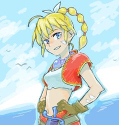 Rule 34 | 1girl, bird, blonde hair, blue eyes, braid, breasts, chrono cross, cloud, commentary request, gloves, jewelry, kid (chrono cross), knife, long hair, multi-tied hair, navel, necklace, ponytail, pota (bluegutty), single braid, sky, solo, vest, water