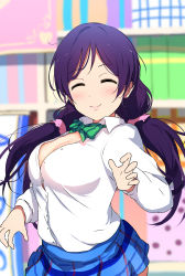 Rule 34 | 10s, 1girl, ^ ^, absurdres, bad id, bad pixiv id, blush, bookshelf, bow, breasts, bursting breasts, cleavage, closed eyes, closed eyes, highres, icehotmilktea, long hair, love live!, love live! school idol project, medium breasts, purple hair, school uniform, shirt, skirt, smile, solo, tojo nozomi, twintails, white shirt