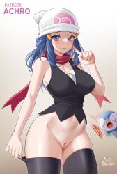Rule 34 | !, !!, 1girl, achromaru, adjusting clothes, blue hair, bottomless, breasts, cleft of venus, creatures (company), dawn (pokemon), fat mons, game freak, gen 4 pokemon, hat, highres, large breasts, nintendo, no panties, piplup, pokemon, pokemon dppt, pussy, thighhighs, uncensored