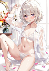 Rule 34 | 1girl, arm up, bare legs, barefoot, bed, bra, breasts, collarbone, collared shirt, flower, highres, knee up, long sleeves, looking at viewer, motsunuki, navel, no pants, on bed, open clothes, open mouth, open shirt, original, panties, petals, pink flower, purple eyes, see-through, see-through shirt, shirt, short hair, sitting, skindentation, small breasts, solo, stomach, string panties, thighs, toes, underwear, vase, white bra, white hair, white panties, white shirt