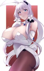 Rule 34 | 1girl, 2023, alternate costume, animal ears, arm under breasts, azur lane, bare shoulders, blue eyes, blush, breasts, elbow gloves, fake animal ears, fake tail, from side, gloves, hair ornament, highres, illustrious (azur lane), large breasts, leotard, long hair, looking at viewer, looking to the side, mole, mole under eye, pantyhose, parted lips, playboy bunny, purple pantyhose, rabbit ears, rabbit tail, smile, solo, tail, two-tone background, wee (weeyy), white gloves, white hair, white leotard