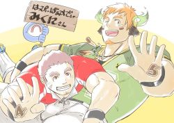 Rule 34 | 2boys, american football uniform, animal ears, bara, blush, brown eyes, brown hair, bulge, couple, cow boy, cow ears, cow horns, facial hair, facial scar, feather necklace, forked eyebrows, glowing horns, goatee, green shirt, tamamura gunzo, horns, katoributa a, long sideburns, male focus, multiple boys, muscular, muscular male, on person, one eye closed, open hand, pants, pectorals, red shirt, rugby uniform, scar, scar on cheek, scar on face, shirt, short hair, short sleeves, sideburns, smile, sportswear, thick eyebrows, tight clothes, tight shirt, tokyo houkago summoners, translation request, wakan tanka, white pants