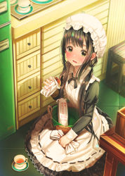 Rule 34 | 1girl, aiuabo, alternate costume, apron, black hair, blush, cup, eating, enmaided, green eyes, highres, kitchen, kneeling, long hair, looking at viewer, maid, maid apron, maid day, maid headdress, on floor, open mouth, original, seiza, sidelocks, sitting, solo, teacup, twintails