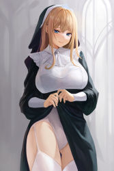 Rule 34 | 1girl, absurdres, bburi, blonde hair, blue eyes, blush, breasts, commentary, english commentary, eyelashes, hair between eyes, hair ornament, headdress, highres, huge breasts, large breasts, lifting own clothes, long hair, looking at viewer, nun, original, solo, thigh strap, thighhighs, thighs, white thighhighs
