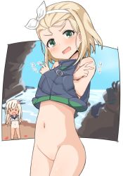 Rule 34 | 2girls, beach, blonde hair, blush, bodysuit, bottomless, crop top, diving suit, flower, green eyes, groin, hair flower, hair ornament, hairband, junes, kantai collection, long hair, looking at viewer, luigi torelli (kancolle), motion lines, multiple girls, navel, open mouth, paid reward available, pink flower, pussy, ro-500 (kancolle), shore, short hair, sleeveless, smile, solo focus, tan, tanline, upper body, wetsuit, white hairband
