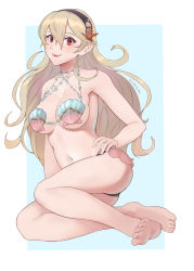 1girl barefoot black_hairband blonde_hair blue_background breasts corrin_(female)_(fire_emblem) corrin_(fire_emblem) fire_emblem fire_emblem_cipher fire_emblem_fates full_body hairband highres large_breasts long_hair nintendo open_mouth parted_lips pointy_ears red_eyes shell shell_bikini simple_background sitting smile solo spiffydc twitter_username