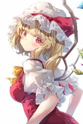 Rule 34 | 1girl, alternate eye color, back, blonde hair, blouse, blush, bow, bowtie, breasts, closed mouth, commentary request, crystal, darjeeling (reley), dress, flandre scarlet, from side, hair between eyes, hat, hat ribbon, highres, jewelry, looking at viewer, looking back, medium breasts, mob cap, multicolored wings, one side up, pink eyes, puffy short sleeves, puffy sleeves, red dress, red ribbon, ribbon, shirt, short hair, short sleeves, simple background, solo, standing, touhou, white background, white hat, white shirt, wings, yellow bow, yellow bowtie