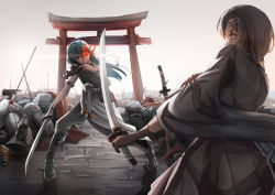 Rule 34 | 2girls, absurdres, architecture, black footwear, black shirt, blue hair, boots, brown hair, character request, closed mouth, dress, east asian architecture, floor, highres, holding, holding sword, holding weapon, long hair, looking at another, lubikaya, multiple girls, orange eyes, red eyes, shirt, short hair, simple background, standing, sword, tagme, traditional dress, warship girls r, weapon