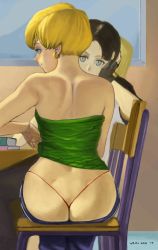 Rule 34 | 2019, 2girls, artist name, ass, back, bare arms, bare shoulders, black gloves, black hair, blonde hair, blue eyes, book, bracelet, butt crack, chair, classroom, closed mouth, dated, denim, dimples of venus, dragon ball, dragonball z, earrings, erasa (dragon ball), fingerless gloves, flashing, from behind, g-string, gloves, green tube top, highres, indoors, jeans, jewelry, looking at viewer, looking back, multiple girls, no bra, panties, pants, pixie cut, presenting, red panties, revealing clothes, short hair, sitting, sitting sideways, smile, strapless, thong, tube top, twintails, underwear, videl, wazu-san, whale tail (clothing), window