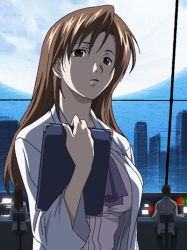 Rule 34 | 00s, 1girl, breasts, brown hair, chair, cityscape, clipboard, frown, full moon, horibe hiderou, interlude, lab coat, large breasts, long hair, marufuji izumi, monitor, moon, night, night sky, office chair, sitting, sky, solo focus, standing, swivel chair, upper body, window