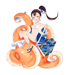 Rule 34 | 1girl, :d, bikini, black hair, breasts, brown hair, fish, hair bobbles, hair ornament, highres, kibiko (cheeks), long hair, looking at viewer, navel, octopus, open mouth, pixiv fantasia, pixiv fantasia revenge of the darkness, ponytail, sandals, sidelocks, small breasts, smile, solo, swimsuit, white background