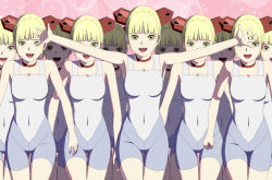 Rule 34 | 6+girls, :d, armpits, arms up, blonde hair, blunt bangs, cap (dkdm-d), choker, female focus, ghost in the shell, ghost in the shell arise, happy, looking at viewer, mobile land mine, multiple girls, navel, open mouth, outstretched arms, short hair, skin tight, smile, sparkle, standing, thigh gap, yellow eyes