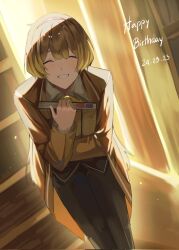 Rule 34 | 1girl, black pants, bookmark, brooch, brown coat, brown hair, closed mouth, coat, collared shirt, dated, grin, happy birthday, highres, holding, holding notebook, indoors, jewelry, library of ruina, long hair, long sleeves, malkuth (project moon), msx (mis4xi), notebook, pants, project moon, shirt, smile, very long hair, white shirt