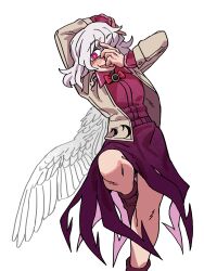Rule 34 | absurdres, blush, bow, bowtie, covering face, covering own mouth, dress, eddybird55555, feathered wings, hand on own face, highres, jacket, kishin sagume, open clothes, open jacket, pink eyes, purple dress, purple footwear, red bow, red bowtie, single wing, standing, standing on one leg, touhou, white hair, white wings, wings