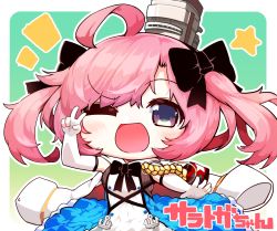 Rule 34 | 1girl, ;d, ahoge, aiguillette, anchor symbol, armband, azur lane, black bow, black hairband, black ribbon, blush, bow, breasts, character name, chibi, commentary request, cowboy shot, dress, elbow gloves, gloves, green background, hair between eyes, hairband, highres, jacket, jacket on shoulders, kado (hametunoasioto), long hair, looking at viewer, military jacket, one eye closed, open mouth, partially fingerless gloves, pink hair, purple eyes, ribbon, saratoga (azur lane), sidelocks, sleeveless, sleeveless dress, small breasts, smile, smokestack, solo, standing, star (symbol), twintails, v, white jacket