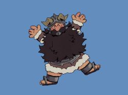 Rule 34 | 1boy, ^ ^, beard, blue background, closed eyes, deformed, dungeon meshi, dwarf, facial hair, facing viewer, fake horns, full body, happy, helmet, highres, horned helmet, horns, long beard, male focus, mustache, outstretched arms, senshi (dungeon meshi), sharkflan, solo, spread arms, thick mustache, very long beard