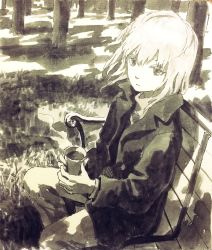 Rule 34 | 1girl, absurdres, bench, closed mouth, cup, drink, grass, highres, holding, holding cup, hot drink, jacket, looking at another, looking at viewer, monochrome, original, pants, short hair, sitting, solo, steam, tokunaga akimasa, traditional media, tree, white hair